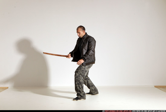 Man Adult Athletic White Fighting with sword Moving poses Casual