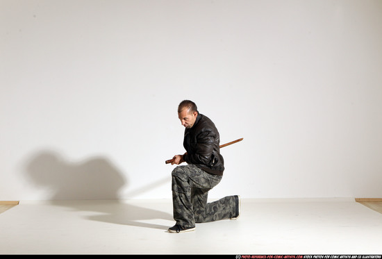 Man Adult Athletic White Fighting with sword Moving poses Casual