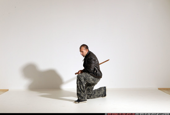 Man Adult Athletic White Fighting with sword Moving poses Casual