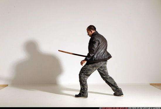 Man Adult Athletic White Fighting with sword Moving poses Casual