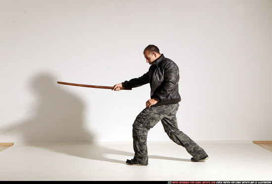 Man Adult Athletic White Fighting with sword Moving poses Casual