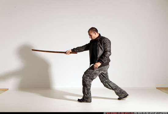 Man Adult Athletic White Fighting with sword Moving poses Casual