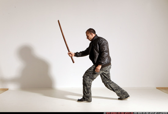 Man Adult Athletic White Fighting with sword Moving poses Casual