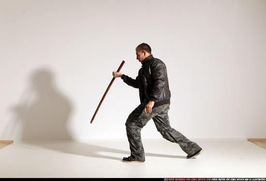 Man Adult Athletic White Fighting with sword Moving poses Casual