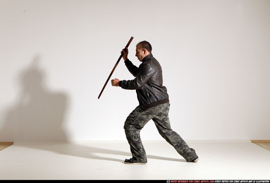 Man Adult Athletic White Fighting with sword Moving poses Casual