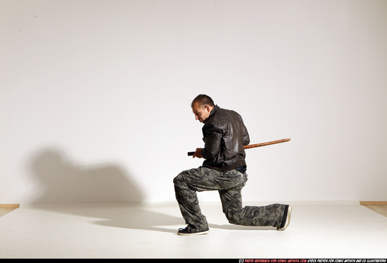 Man Adult Athletic White Fighting with sword Moving poses Casual