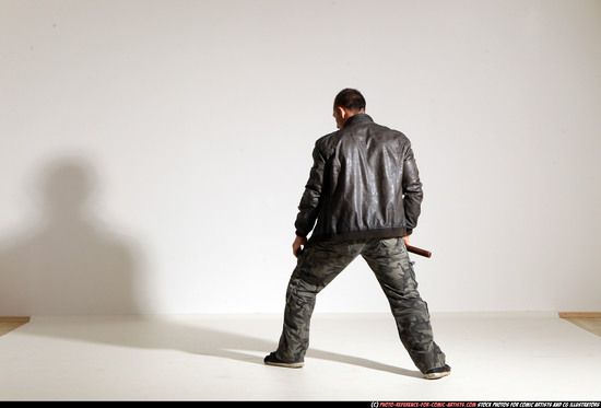 Man Adult Athletic White Fighting with sword Moving poses Casual