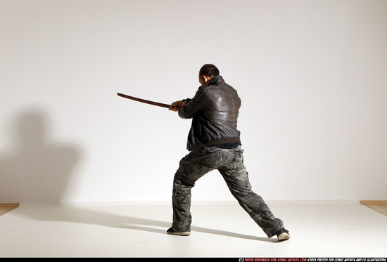 Man Adult Athletic White Fighting with sword Moving poses Casual