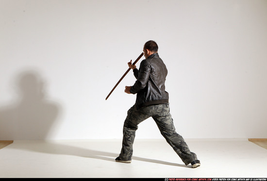 Man Adult Athletic White Fighting with sword Moving poses Casual