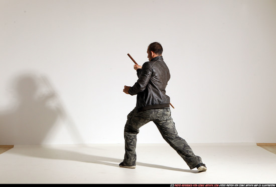 Man Adult Athletic White Fighting with sword Moving poses Casual