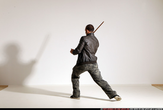 Man Adult Athletic White Fighting with sword Moving poses Casual