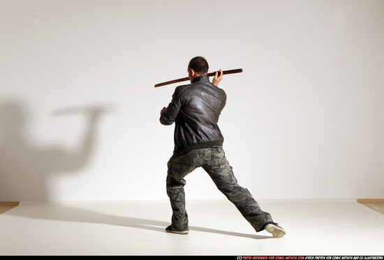 Man Adult Athletic White Fighting with sword Moving poses Casual