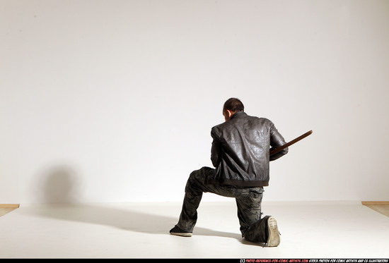 Man Adult Athletic White Fighting with sword Moving poses Casual