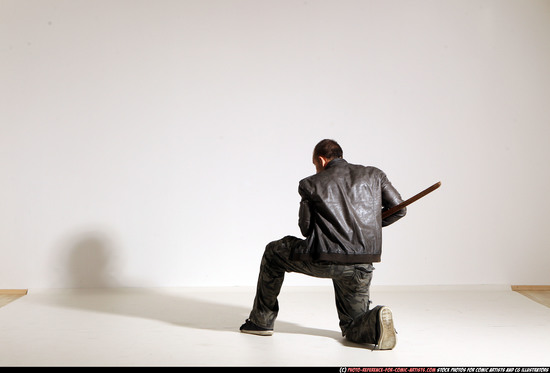 Man Adult Athletic White Fighting with sword Moving poses Casual