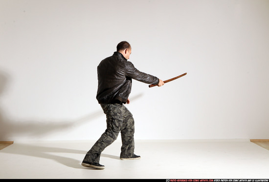 Man Adult Athletic White Fighting with sword Moving poses Casual