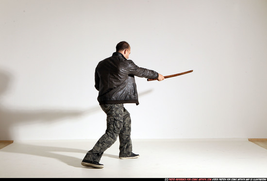 Man Adult Athletic White Fighting with sword Moving poses Casual