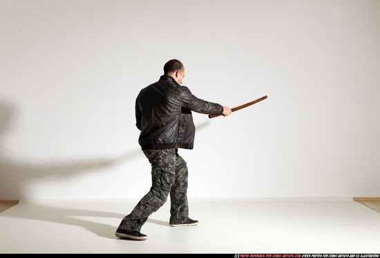 Man Adult Athletic White Fighting with sword Moving poses Casual