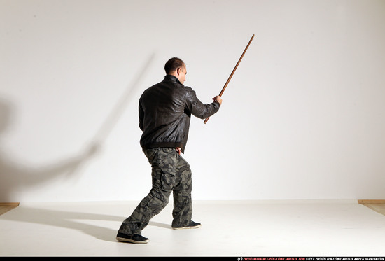 Man Adult Athletic White Fighting with sword Moving poses Casual