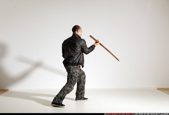 Man Adult Athletic White Fighting with sword Moving poses Casual