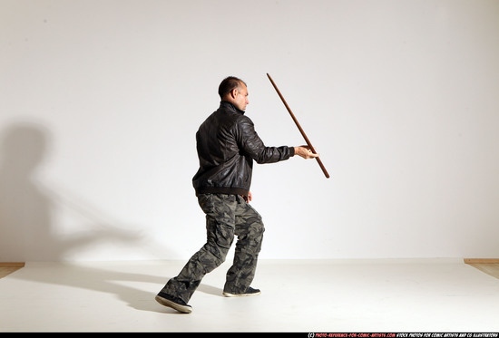 Man Adult Athletic White Fighting with sword Moving poses Casual