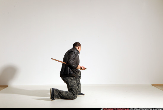 Man Adult Athletic White Fighting with sword Moving poses Casual