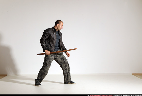 Man Adult Athletic White Fighting with sword Moving poses Casual