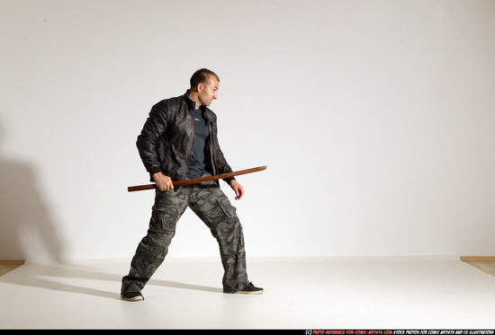 Man Adult Athletic White Fighting with sword Moving poses Casual