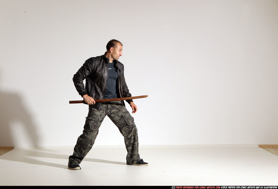 Man Adult Athletic White Fighting with sword Moving poses Casual