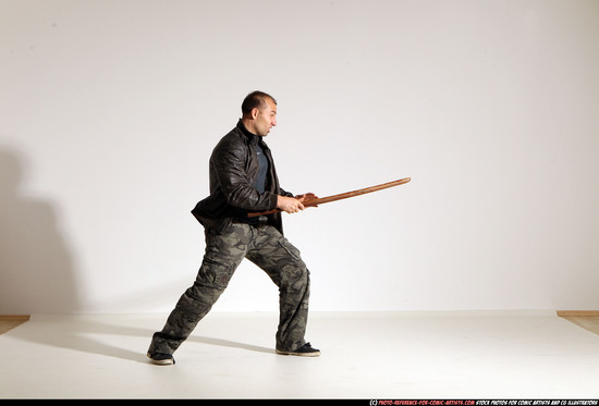 Man Adult Athletic White Fighting with sword Moving poses Casual