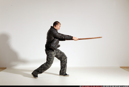 Man Adult Athletic White Fighting with sword Moving poses Casual