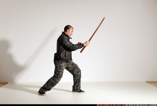 Man Adult Athletic White Fighting with sword Moving poses Casual