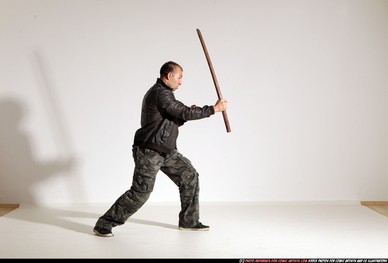 Man Adult Athletic White Fighting with sword Moving poses Casual