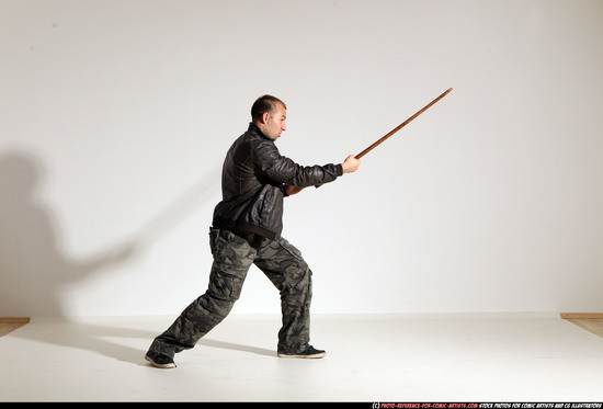 Man Adult Athletic White Fighting with sword Moving poses Casual