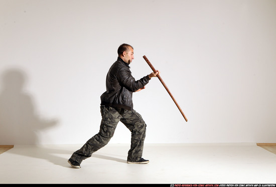 Man Adult Athletic White Fighting with sword Moving poses Casual