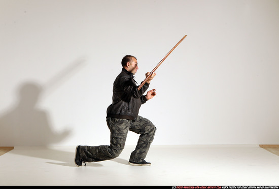 Man Adult Athletic White Fighting with sword Moving poses Casual