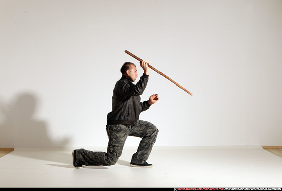 Man Adult Athletic White Fighting with sword Moving poses Casual