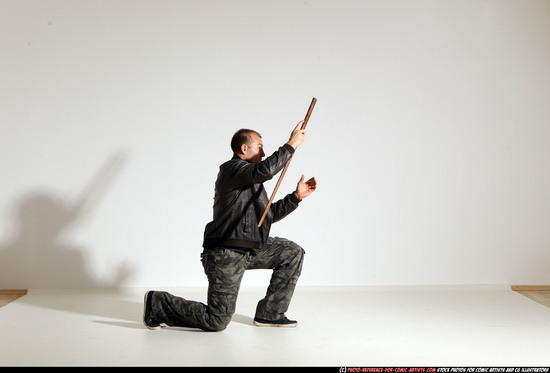 Man Adult Athletic White Fighting with sword Moving poses Casual