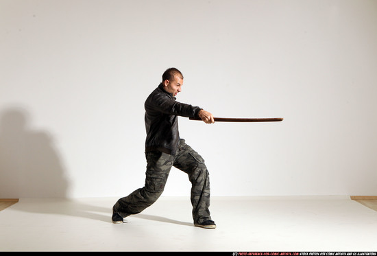 Man Adult Athletic White Fighting with sword Moving poses Casual