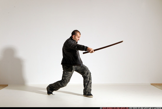 Man Adult Athletic White Fighting with sword Moving poses Casual