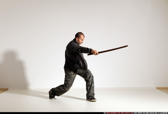 Man Adult Athletic White Fighting with sword Moving poses Casual