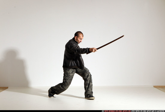 Man Adult Athletic White Fighting with sword Moving poses Casual