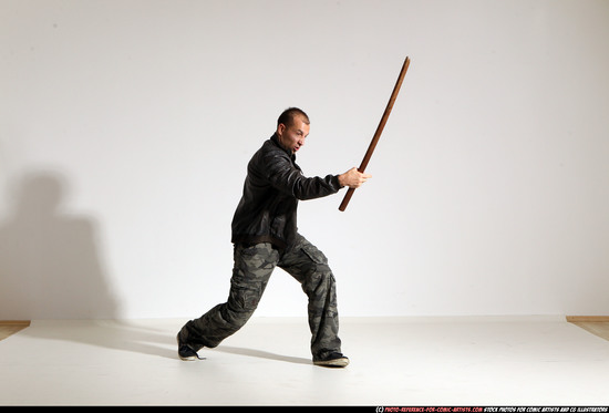 Man Adult Athletic White Fighting with sword Moving poses Casual