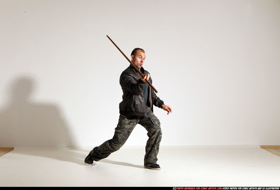 Man Adult Athletic White Fighting with sword Moving poses Casual