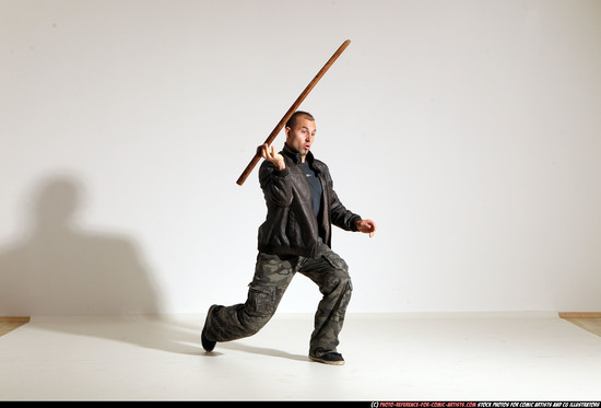 Man Adult Athletic White Fighting with sword Moving poses Casual