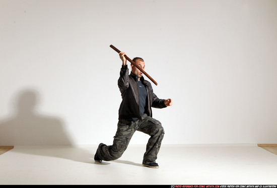 Man Adult Athletic White Fighting with sword Moving poses Casual