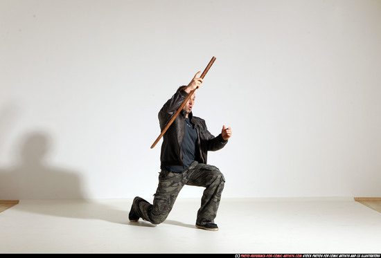 Man Adult Athletic White Fighting with sword Moving poses Casual