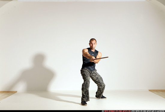 Man Adult Athletic White Fighting with sword Moving poses Army