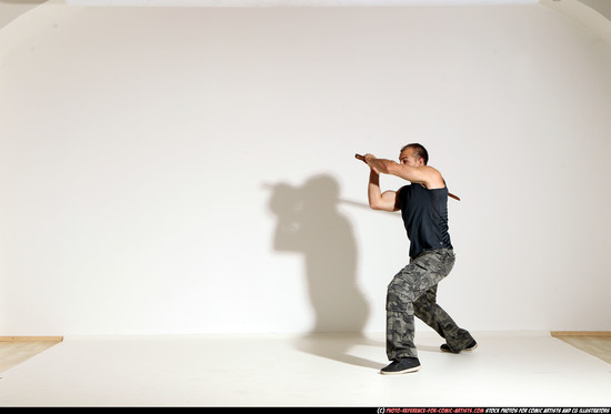 Man Adult Athletic White Fighting with sword Moving poses Army