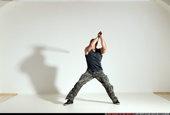 Man Adult Athletic White Fighting with sword Moving poses Army