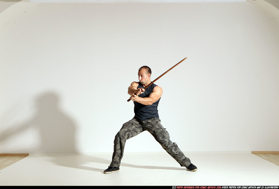 Man Adult Athletic White Fighting with sword Moving poses Army